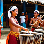 A vibrant scene at a village festival in East Timor. Focus on musicians playing the *bubu* (bamboo percussion instrument) and Timor drums. People are dancing, and the atmosphere is filled with energy and joy. The image should capture the connection between the music, the community, and the natural environment, showcasing the traditional attire and cultural significance of the event.