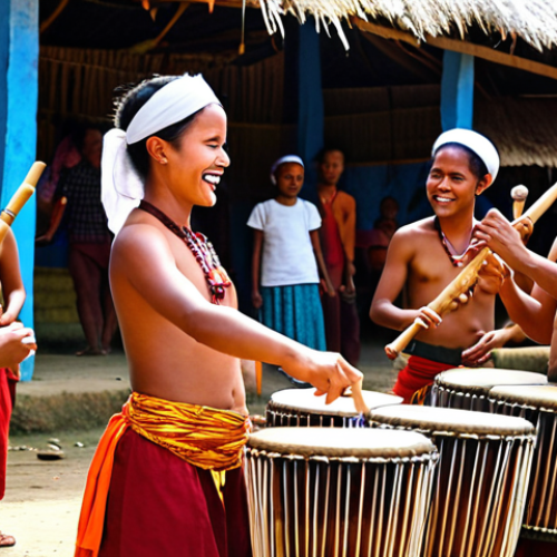 A vibrant scene at a village festival in East Timor. Focus on musicians playing the *bubu* (bamboo percussion instrument) and Timor drums. People are dancing, and the atmosphere is filled with energy and joy. The image should capture the connection between the music, the community, and the natural environment, showcasing the traditional attire and cultural significance of the event.