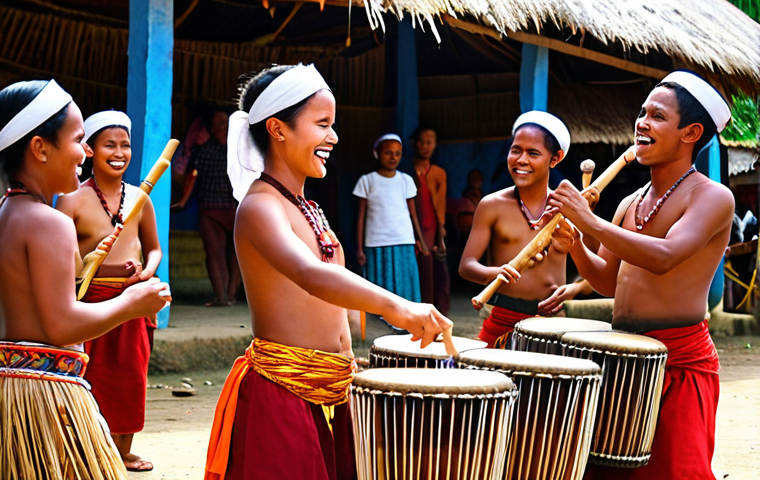 A vibrant scene at a village festival in East Timor. Focus on musicians playing the *bubu* (bamboo percussion instrument) and Timor drums. People are dancing, and the atmosphere is filled with energy and joy. The image should capture the connection between the music, the community, and the natural environment, showcasing the traditional attire and cultural significance of the event.